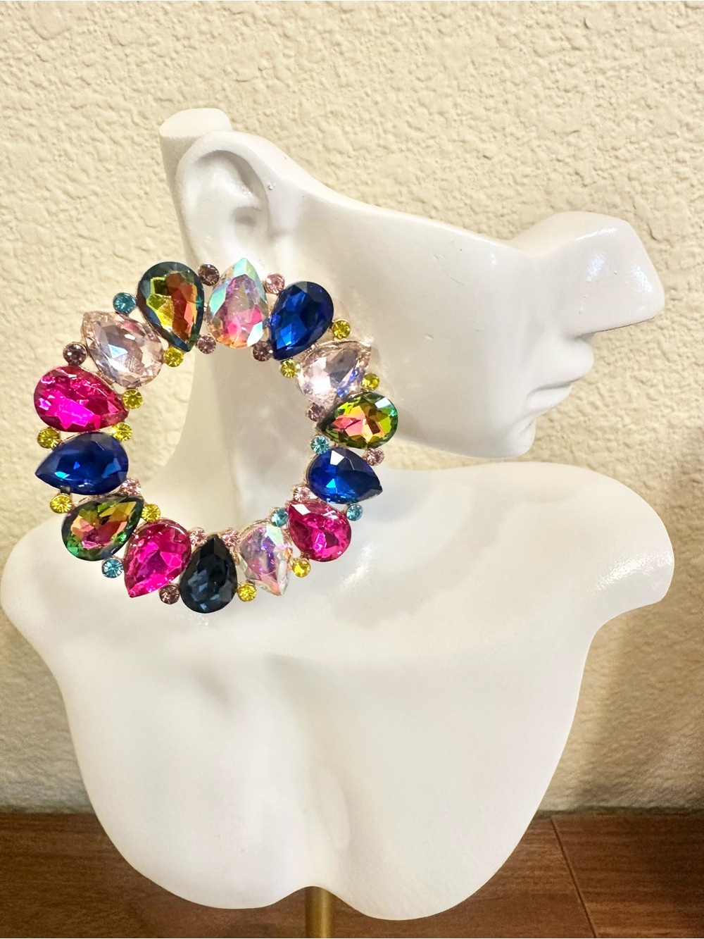 Fashion Jewelry Multicolor Crystal Hoop Earrings - Pink Blue Green Yellow